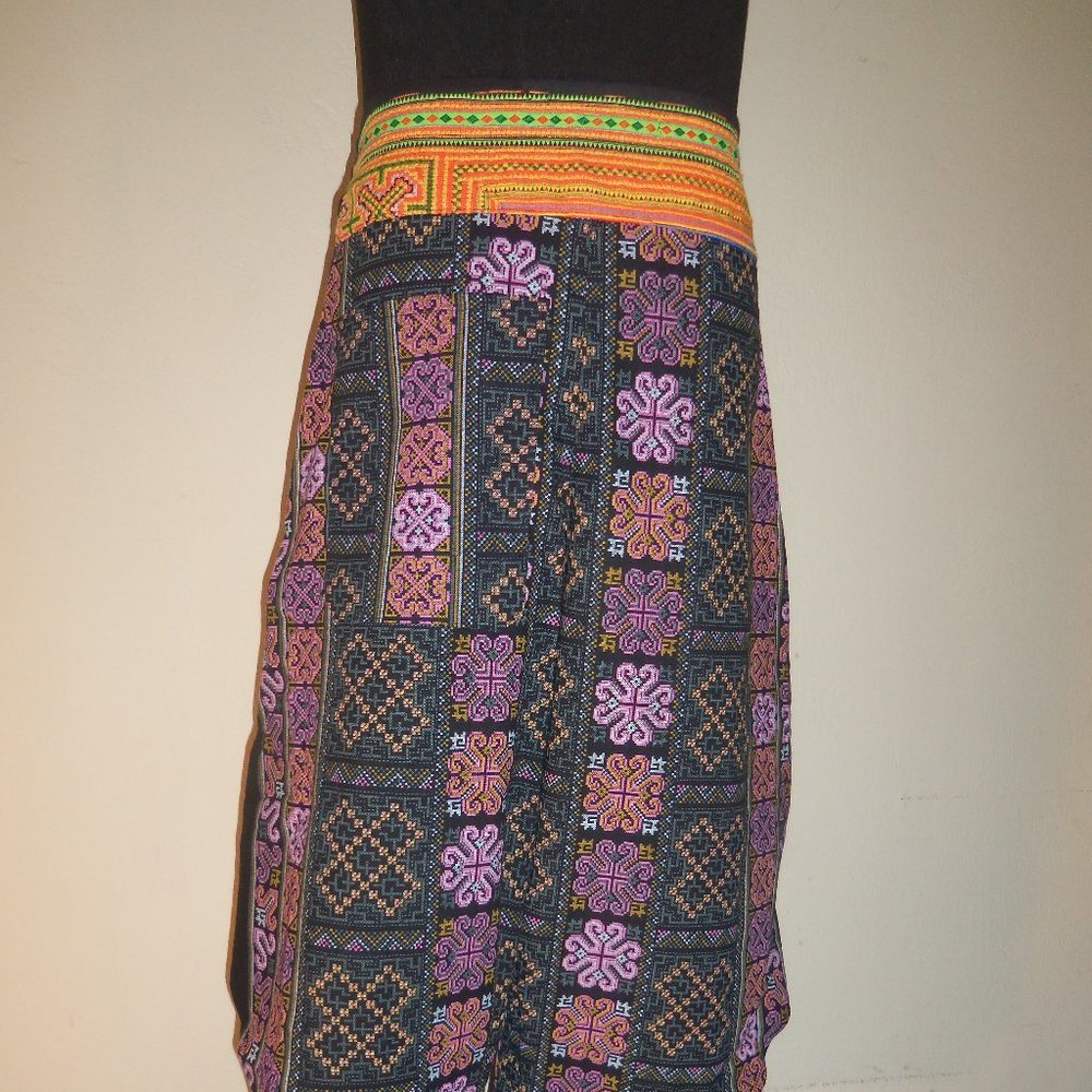 NWOT - Thai Hill Tribe Fabric Wide Leg Harem Pants with Ankle Straps